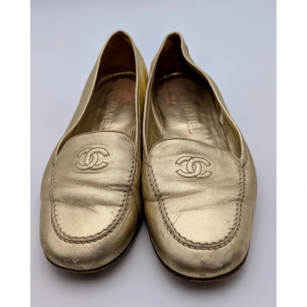 Chanel Gold Metallic Leather CC Logo Loafers Flats Made in Italy Size 39.5